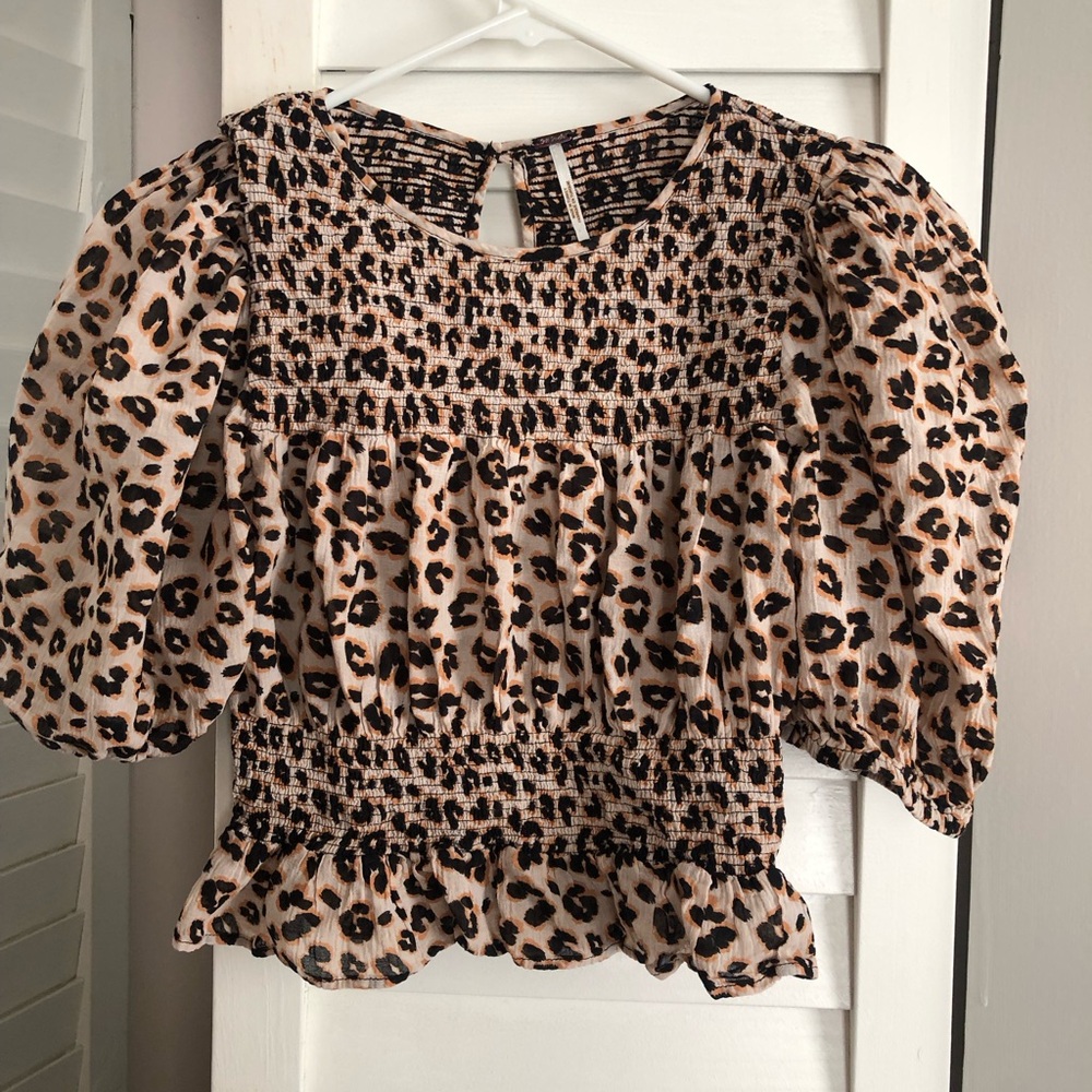 Free People Puff Sleeve Leopard Blouse